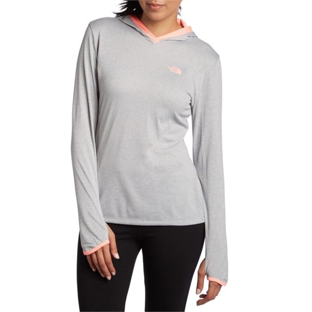 The North Face Women's Light Gray Long-Sleeve Hoodie with Pink Trim